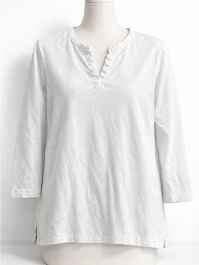 L.L. Bean 1X White Knit Top 3/4 Sleeve Split Neck Casual Classic